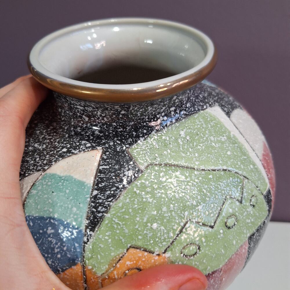 Vintage large 90s wide vase Asian geometric print - Picture 6 of 8